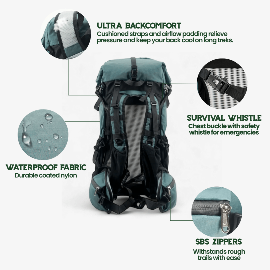 ULTREA Pack - Ultralight 50L Adventure Backpack with Roll-Top Closure and Ripstop Nylon