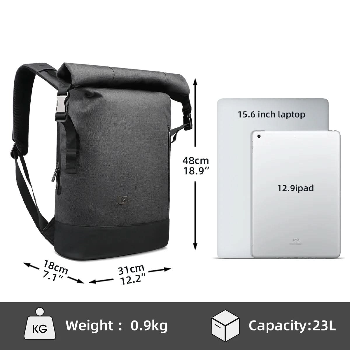 Citytrail Rolltop Backpack - Flexible Daypack with USB and Laptop Compartment