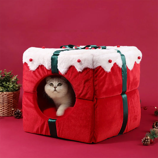 WINTERNAP – Halbgeschlossenes Hunde- und Katzenbett mit weihnachtlichem Thema und rutschfester Unterseite 0