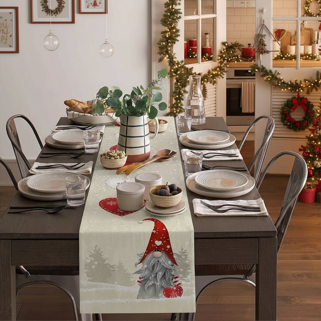Weihnachtstischläufer mit Schneeflockenzwergen aus strapazierfähigem Leinen - Festlich dekorativer Tischläufer für die Feiertage 4