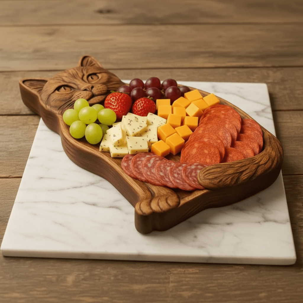 Kätzchenholz - Exklusive Wurstplatte In Katzenform, Naturholz, Handarbeit