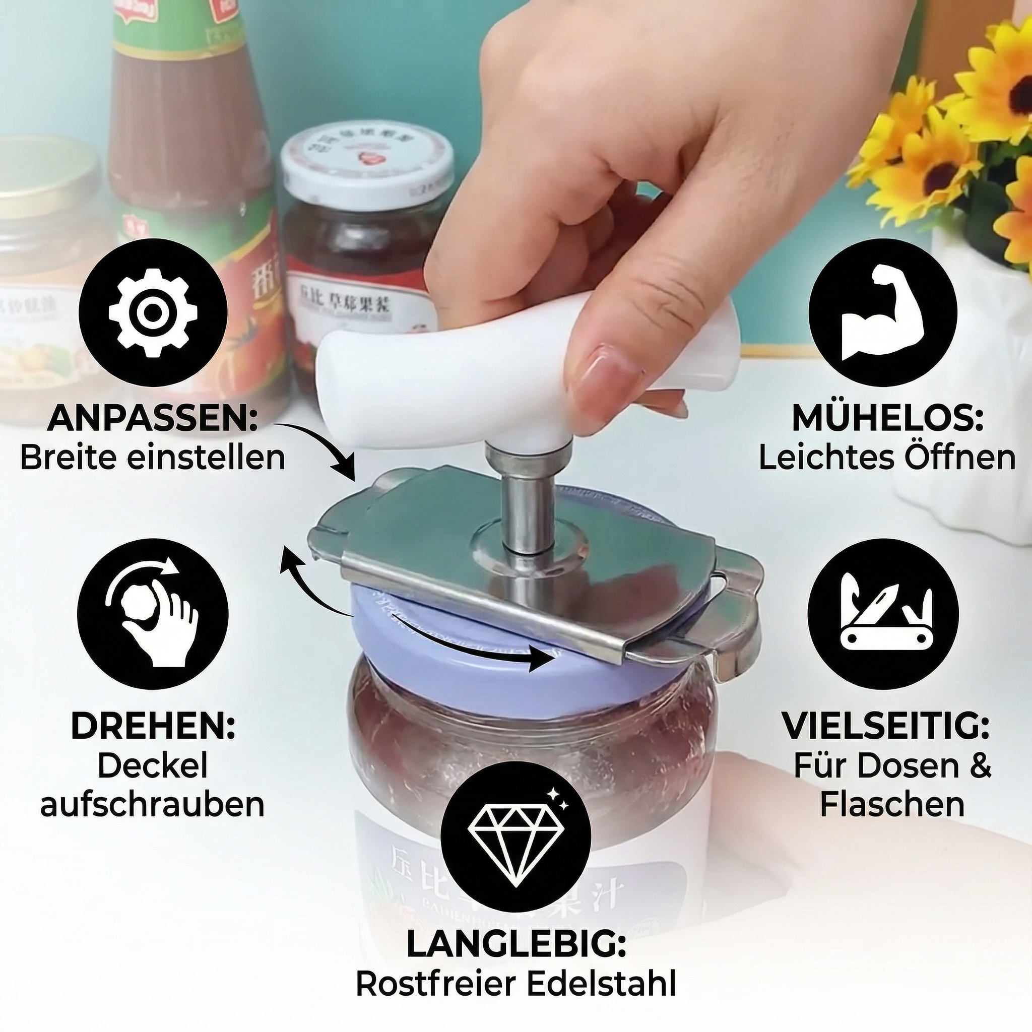 Multifunktionaler Dosen- & Flaschenöffner aus Edelstahl – Verstellbar & Drehbar