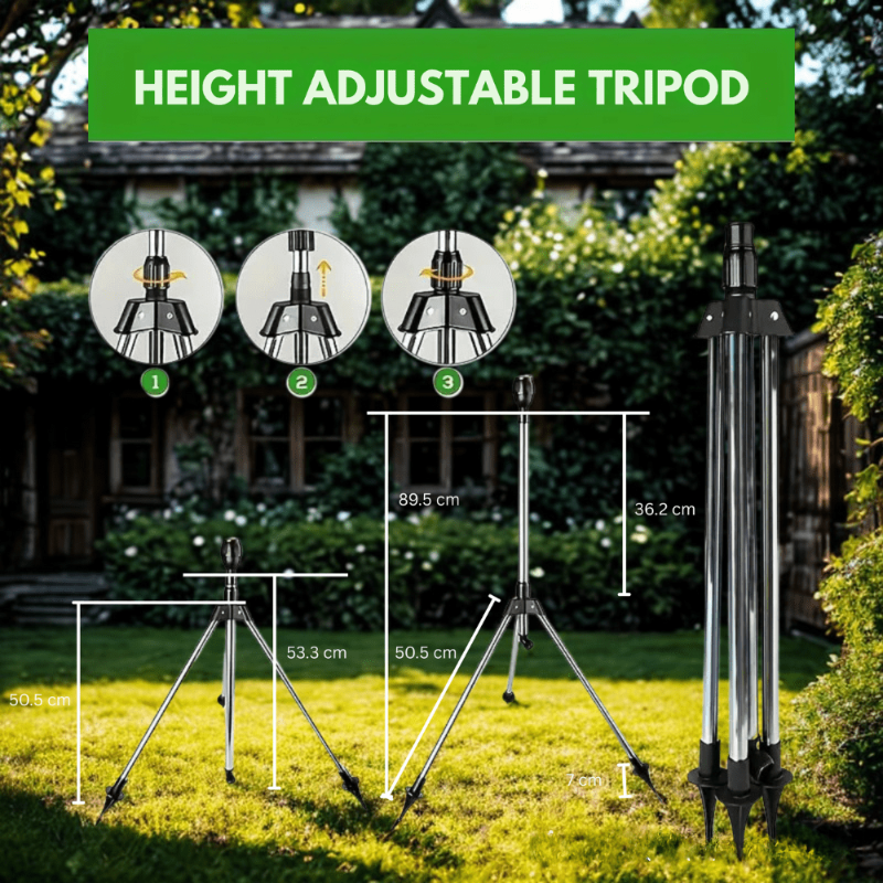 Adjustable Rotating Sprinkler – 360° Stainless Steel Tripod