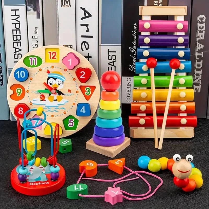 EduQuest 5-in-1 Montessori Set – Natural Wooden Learning Toy for Babies 6 Months and Up