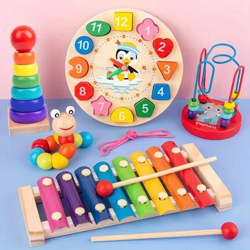 EduQuest 5-in-1 Montessori Set – Natural Wooden Learning Toy for Babies 6 Months and Up