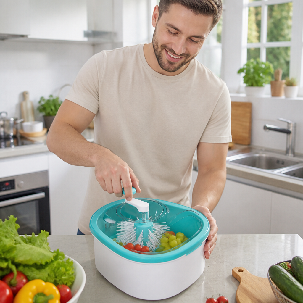 Selbstentleerende Waschschüssel für Obst und Gemüse mit Rotierender Bürste