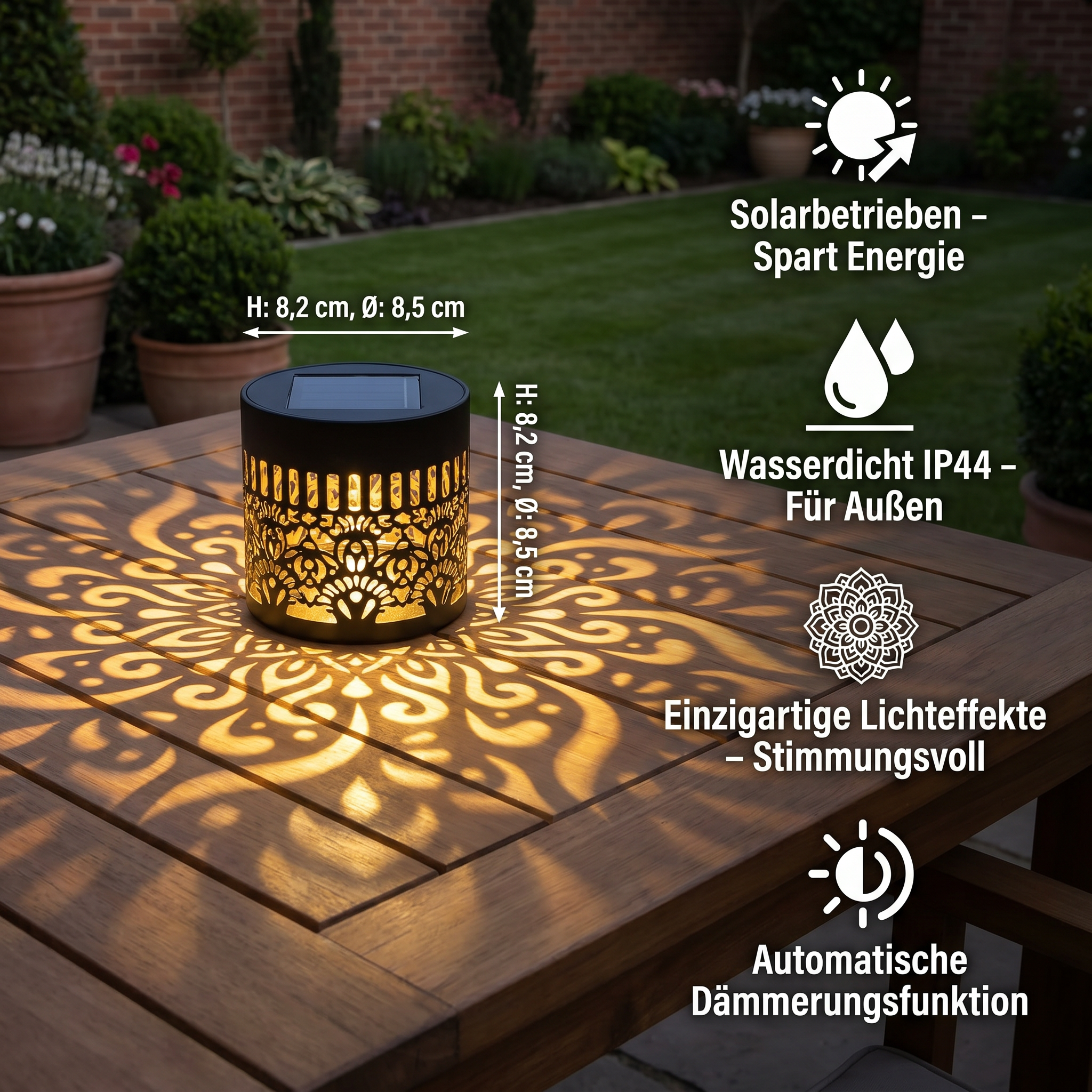 Farbenfrohe Solar-Mandala-Gartenleuchte – Wasserdichte LED-Wandprojektionslaterne für den Außenbereich