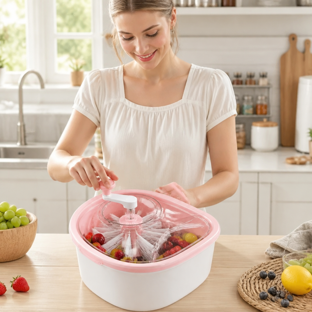 Selbstentleerende Waschschüssel für Obst und Gemüse mit Rotierender Bürste