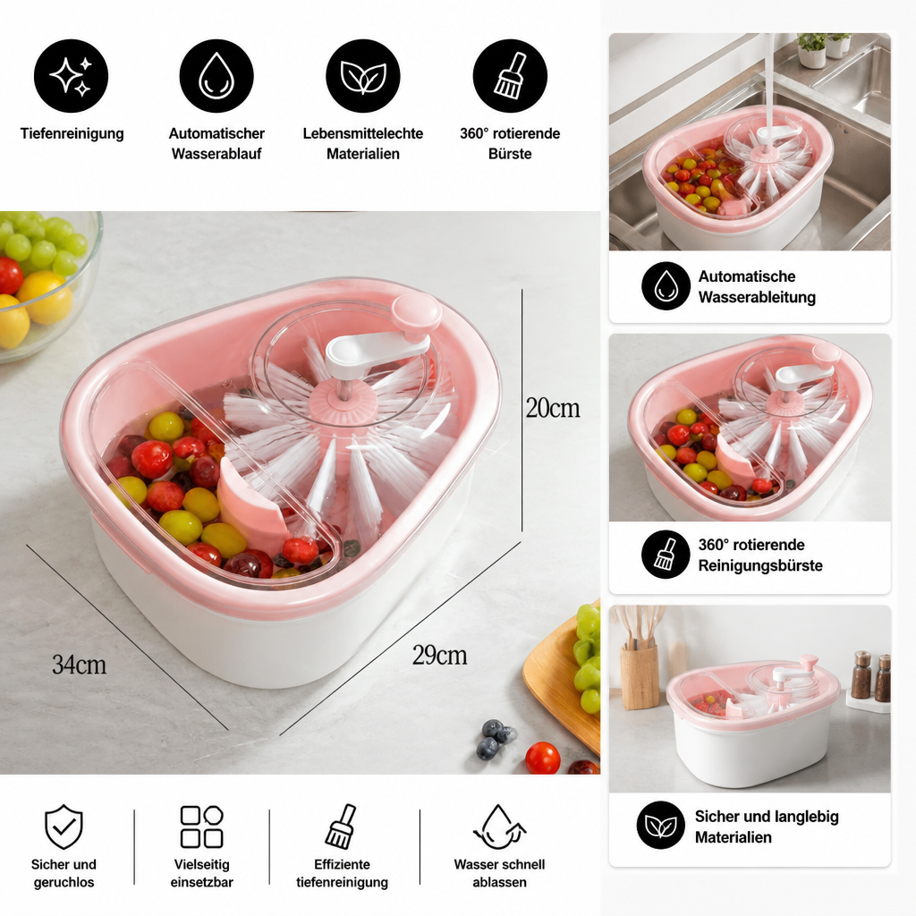 Selbstentleerende Waschschüssel für Obst und Gemüse mit Rotierender Bürste