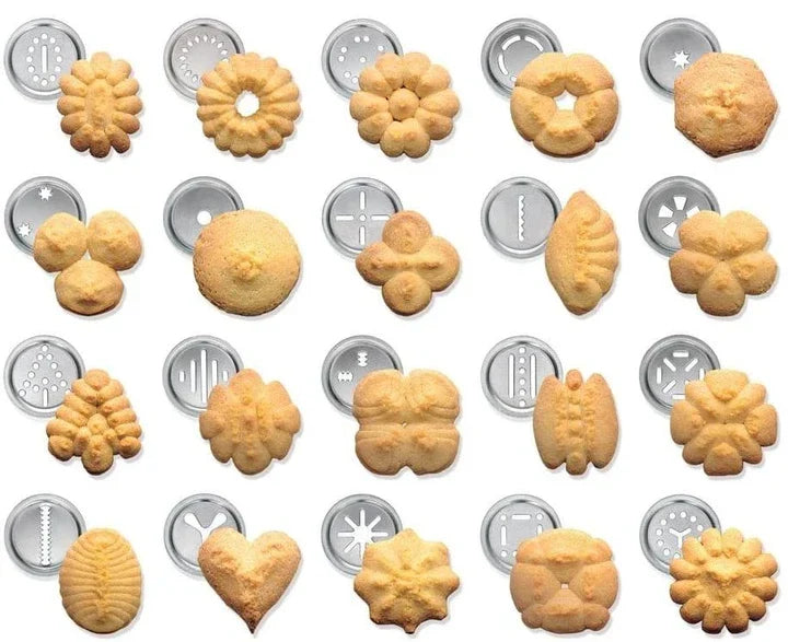 Kekspresse aus Edelstahl mit Aufsätzen für kreative Plätzchen und Gebäck