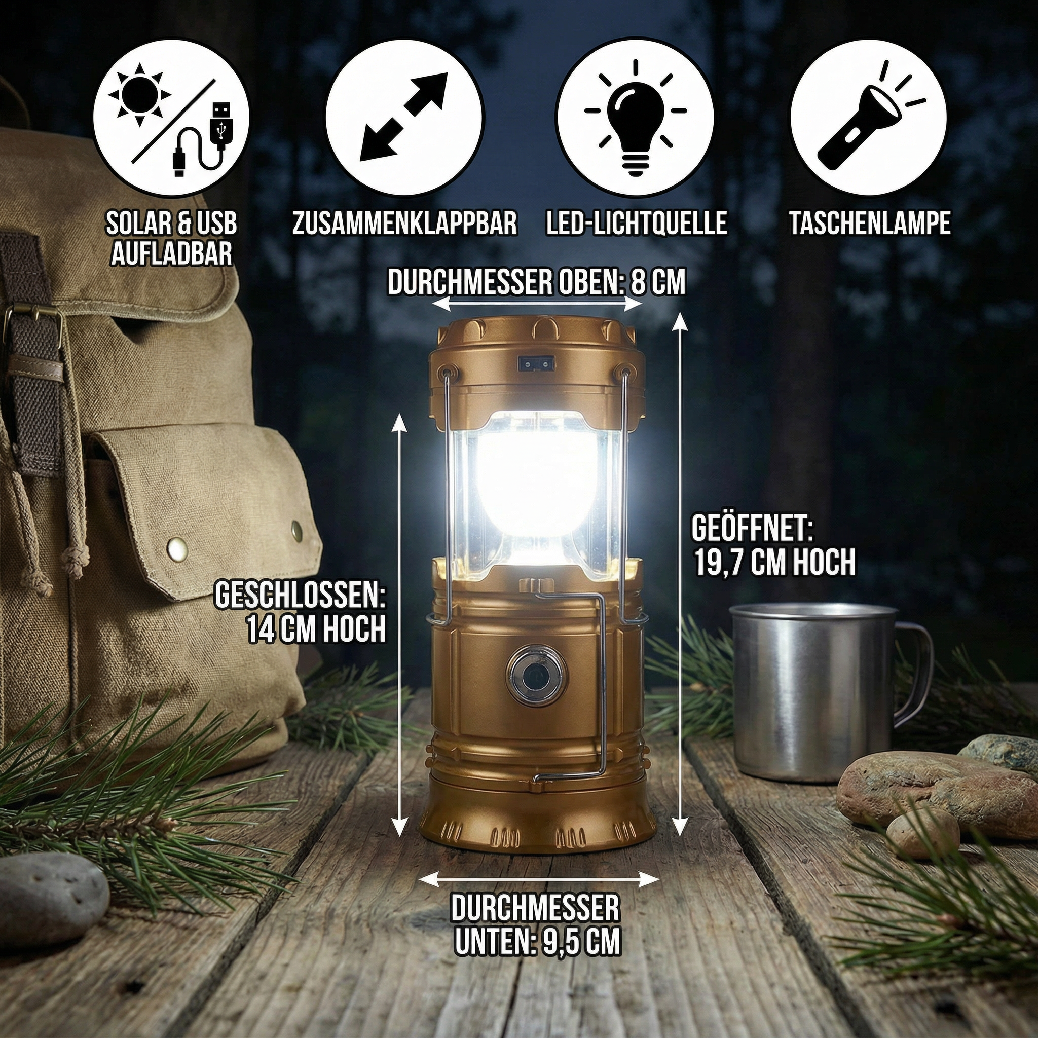 Solar Camping Laterne zusammen klappbar LED Solar USB wiederauf ladbare Laterne Taschenlampe