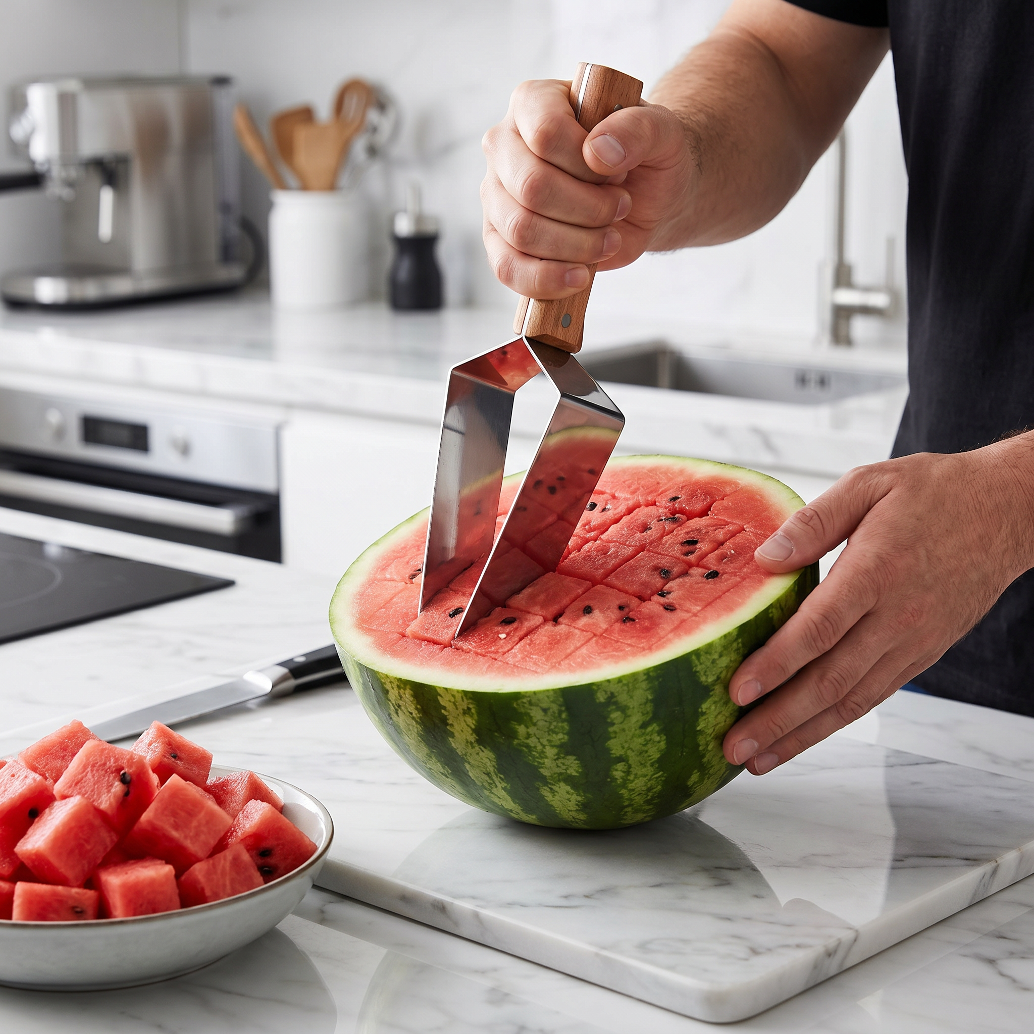 Wassermelonen-Schneider aus Edelstahl mit Holzgriff – Sauberes & schnelles Portionieren
