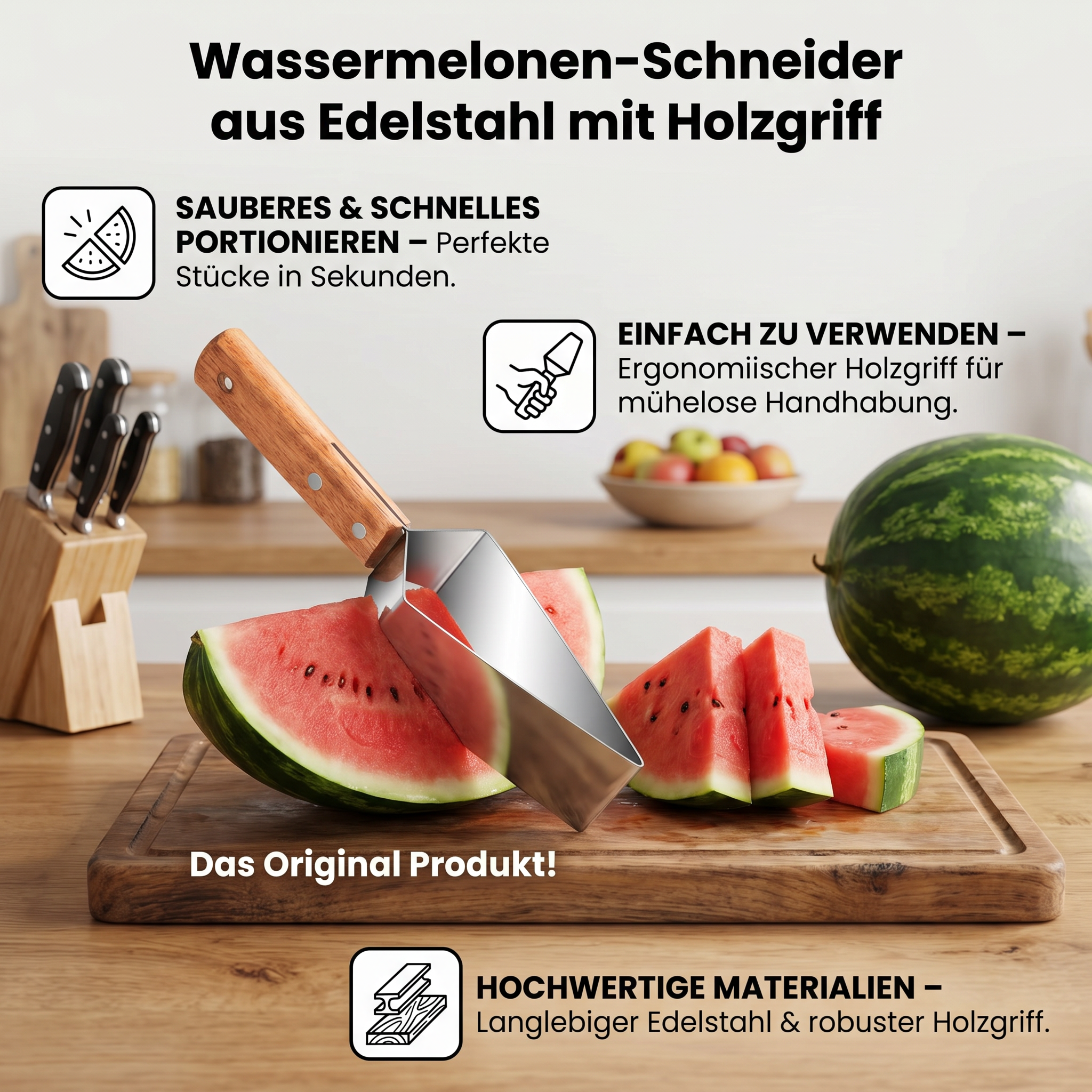Wassermelonen-Schneider aus Edelstahl mit Holzgriff – Sauberes & schnelles Portionieren