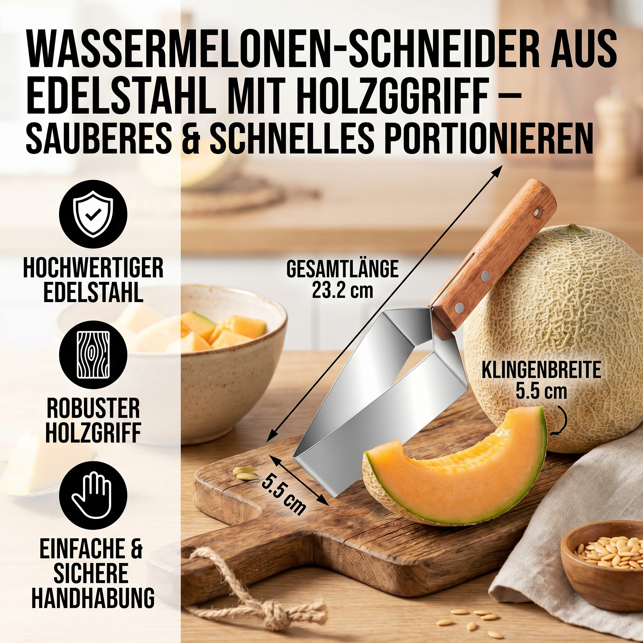 Wassermelonen-Schneider aus Edelstahl mit Holzgriff – Sauberes & schnelles Portionieren
