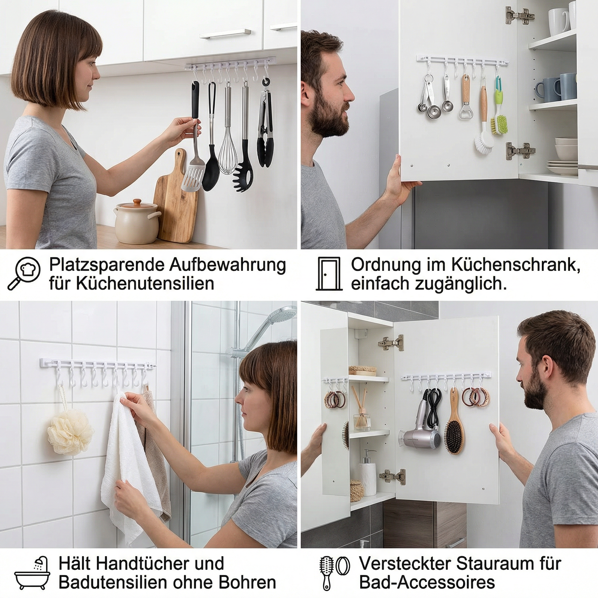 Selbstklebende Hakenleiste für Küche und Bad - Starker Halt ohne Bohren (2 Stk.)