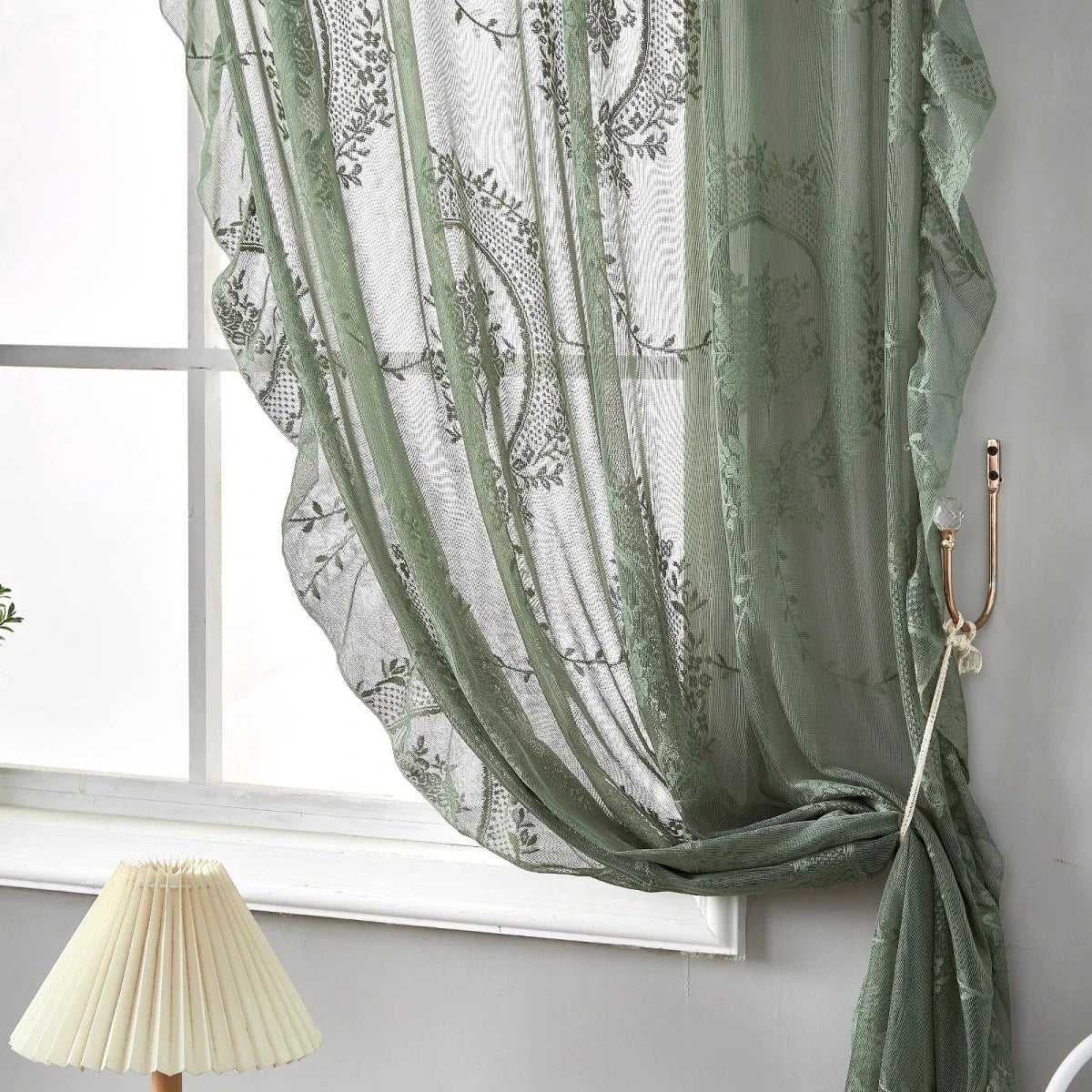 Rosvera - Retro Green Floral Lace Curtains