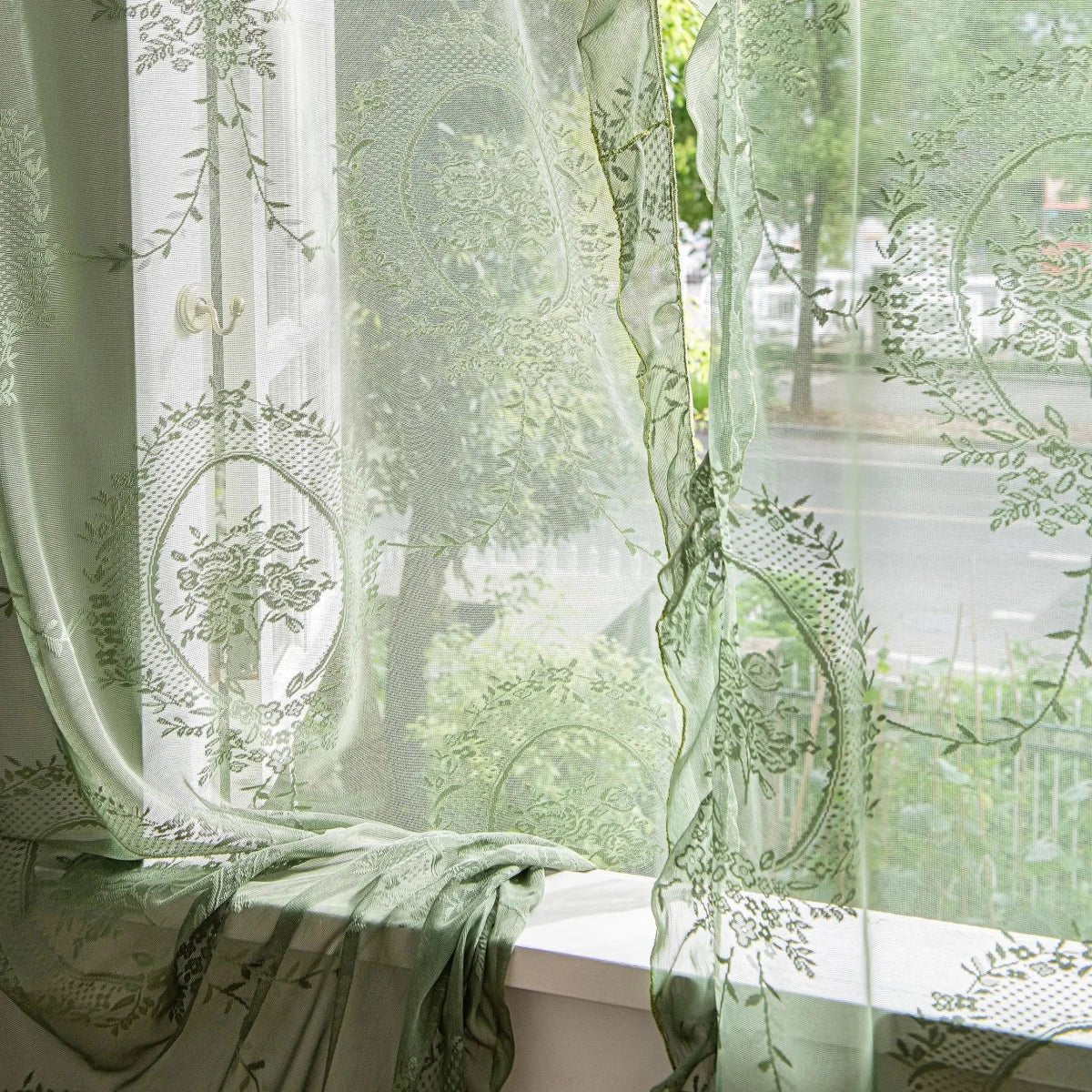 Rosvera - Retro Green Floral Lace Curtains