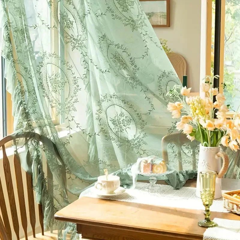 Rosvera - Retro Green Floral Lace Curtains