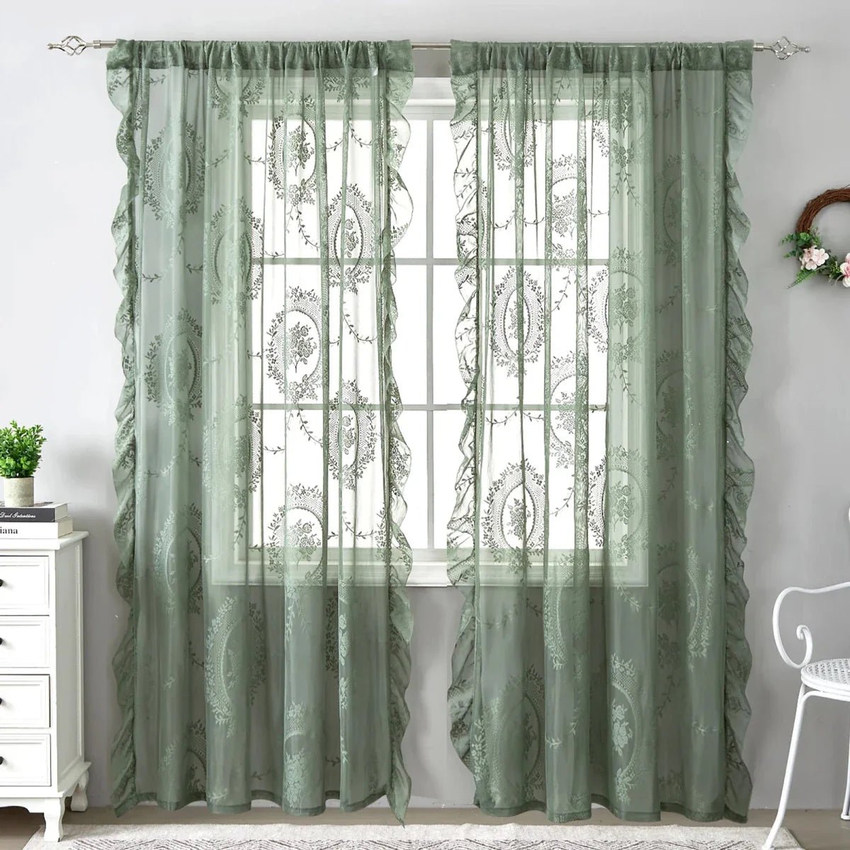 Rosvera - Retro Green Floral Lace Curtains