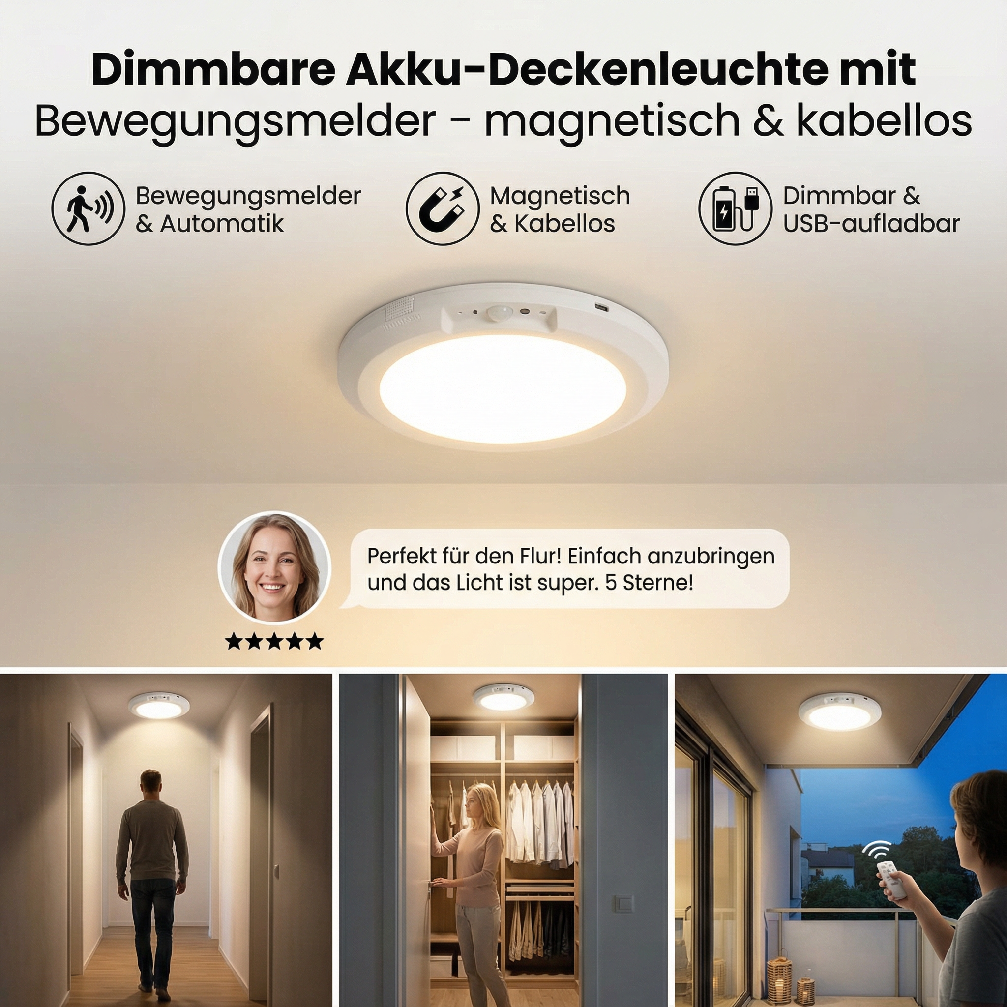 Dimmbare Akku-Deckenleuchte mit Bewegungsmelder – magnetisch & kabellos